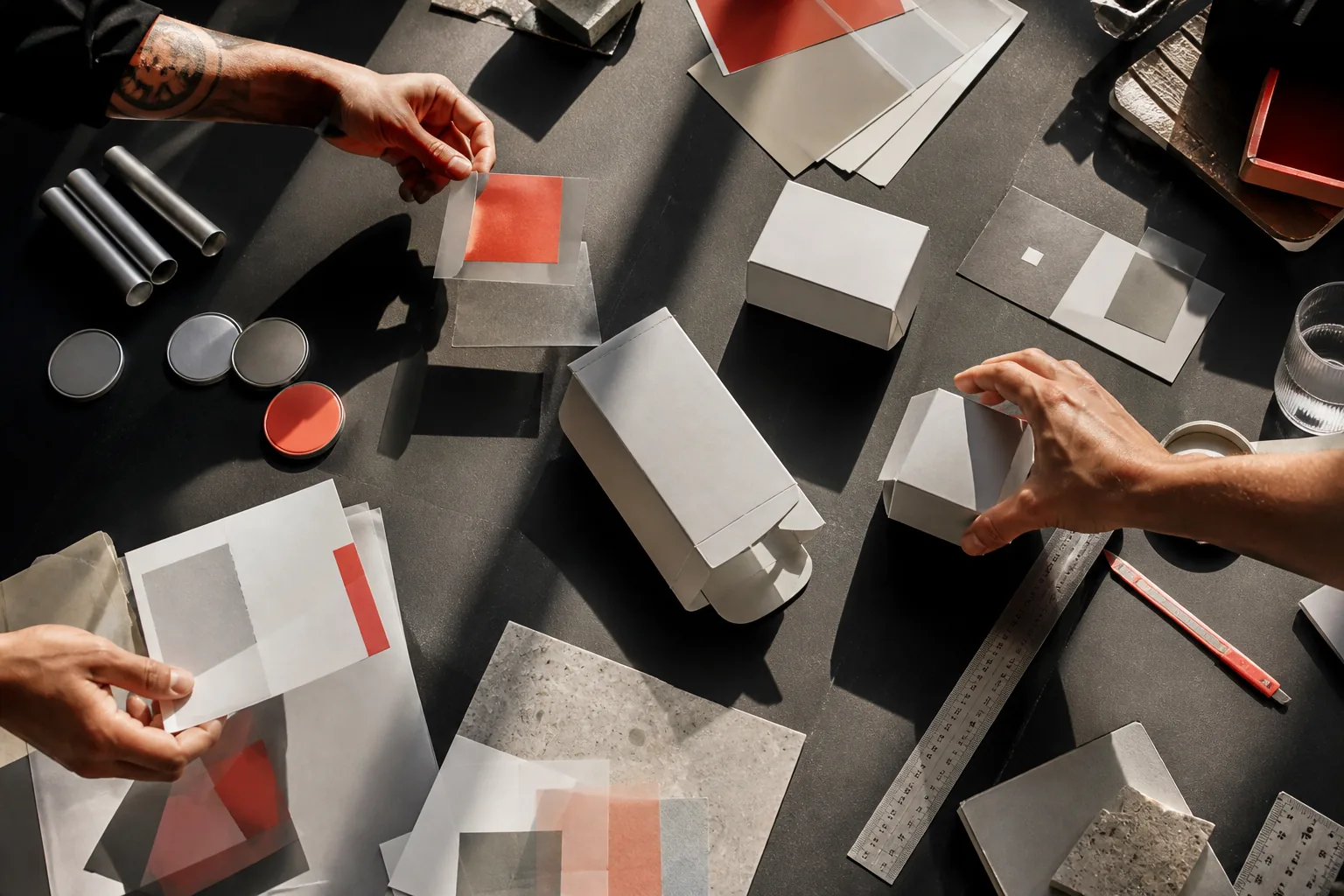 Hands developing packaging and brand materials at a studio table